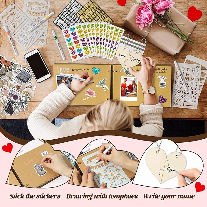 CY2SIDE One Year Anniversary Couple Gifts - 111PCS 1st Down Photo Wooden Album Scrapbook Craft Kit Included Wood Cover Heart Puzzle Brown Paper Sticker Marker Template for DIY Anniversary Dating Gifts