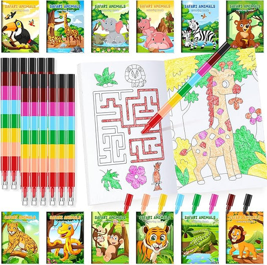 BenLouis 24 Jungle Safari Mini Coloring Books Kids with 24 Stacking Crayons Zoo Animals Party Favors Activity Books Bulk for Kids Wild One Lion Goodie Bag Gift Stuffer Classroom Reward