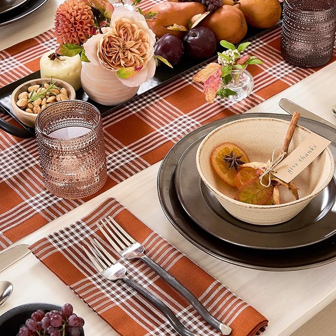 Solino Home Fall Plaid Table Runner 90 Inches Long - 100% Pure Linen Glen Check Nutmeg Table Runner 14 x 90 Inch for Dining, Autumn, Thanksgiving