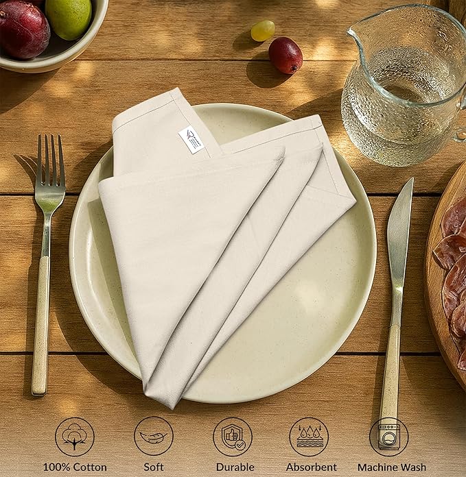 Ruvanti Premium Cloth Napkins Set of 6, 18x18 Inches, 100% Cotton, Washable, Soft & Absorbent, Perfect for Wedding, Christmas, ‎Thanksgiving Dinners - Antique White