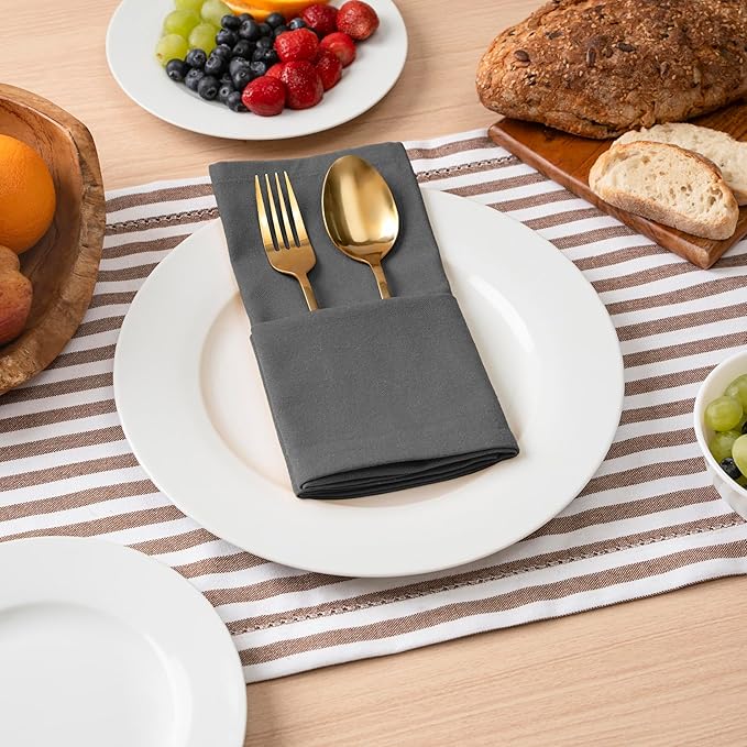 Blue Needles Solid Cloth Napkins Set of 12 Grey 100% Cotton Dinner Napkins 18x18 inches - Soft, Reusable, Absorbent & Washable Fall Thanksgiving Linen, Ideal for Events, Parties & Everyday Use