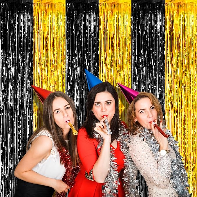 4 Pack 3.2Ft x 9.8Ft Black Gold Foil Fringe Curtain Backdrop, Metallic Tinsel Foil Fringe Streamers Curtains Background for Photo Booth, Birthday, Wedding, Graduation Party Decoration