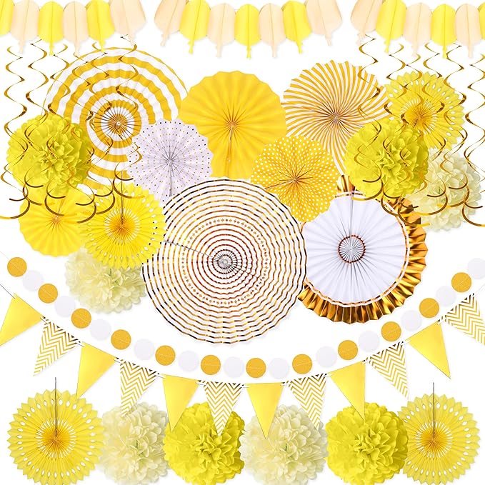 Moon Boat 35PCS Party Decorations Paper Fan Hanging Set - Birthday,Baby Shower,Lemon,Sunflower Theme Decor (Yellow)