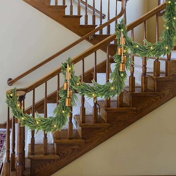 Fovths 9 Ft Christmas Garlands with Lights and Bells Real Touch Norfork Pine Garland Artificial Greenery Garlands for Christmas Mantle, Table Indoor Outdoor Decorations, Green