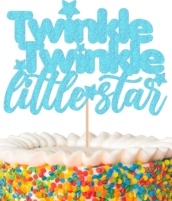 Twinkle Twinkle Little Star Cake Topper - Glitter Light Blue Baby Shower Party Cake Decoration, Perfect for Gender Reveal Party, 1st birthday Party or Photo Booth Props (Light Blue)