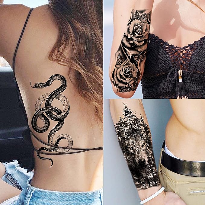 65 Sheets FANRUI Black Tiger Lion Temporary Tattoos For Men Women Arm Sleeve, Waterproof Tattoo Stickers Adults Snake Wolf Rose Flower Compass, 3D Skull Owl Fake Tattoos That Look Real And Last Long