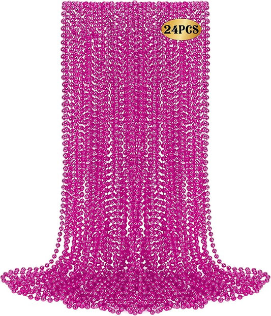 24 PCS Mardi Gras Beads, 33" Rosered Beaded Necklace, Breast Cancer Awareness Accessories, Carnival Beads Parade Throws for Baby Shower Decorations Festive Event Pirate Party Favors New Year Eve