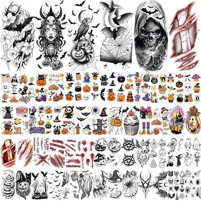 77 PCS Halloween Temporary Tattoos Adult Kids, 17 PCS Half Arm Pumpkin Bat Crow Witch Skull Fake Tattoos, 60 PCS Spider Cat Ghost Scar Tiny Realistic Face Body Tattoos Stickers for Halloween Costume