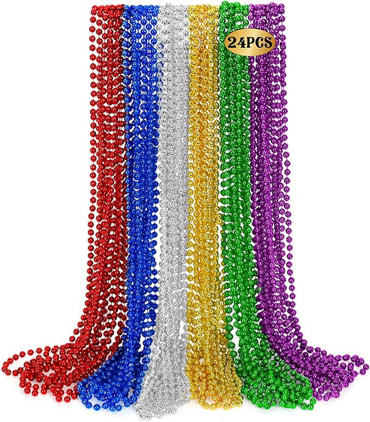 24 PCS Mardi Gras Beads, 33" Assorted Colors Carnival Beaded Necklaces, 6 Colors Bead Necklace Party Supplies, Round Beaded Costume Necklaces for Festive Event Accessories Parade Throws Favors
