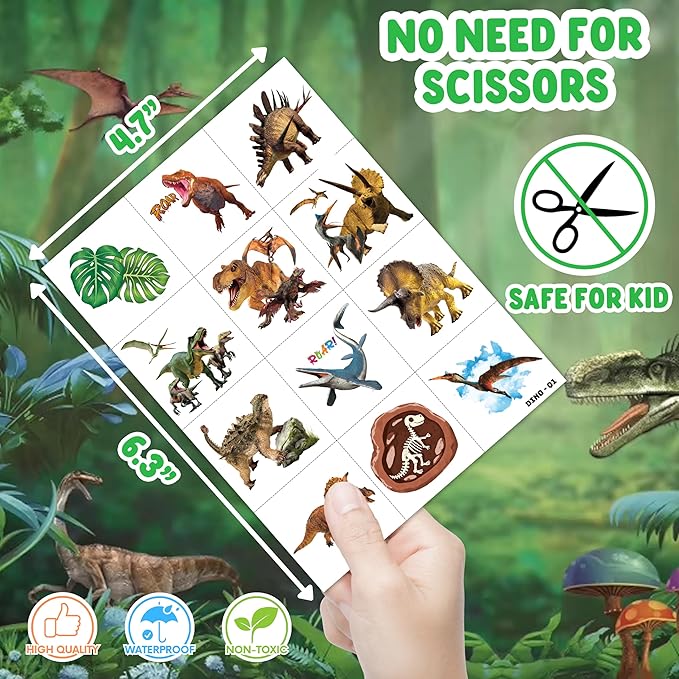 96 PCS Dinosaur 3D Pre-Cut Temporary Tattoos for Kids | Super Cute Themed Birthday Party Favors, Supplies, Decorations, Funny Jungle Fake Tattoo Stickers (Multiple)