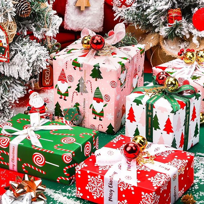 WRAPAHOLIC Christmas Wrapping Paper Set - Christmas Gnome Elf Holiday Collection Wrapping Paper Bundle with Gift Bow & Ribbon & Tag & Sticker