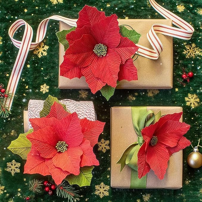 Handmade Poinsettia Christmas Flowers Decoration, Crepe Paper Poinsettia Flower with Clips Christmas Tree Artificial Flower Decorations with Stems for DIY Xmas Wreath Holiday Party Home Wall Decor