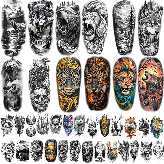 77 Sheets Forest Animals Temporary Tattoo for Women Men, 17 Sheets Half Arm Large Lion Tiger Wolf Fake Tattoos, 60 Sheets Black Skull Owl Bear Tiny for Adult Kids Body Tattoos Stickers Realistic