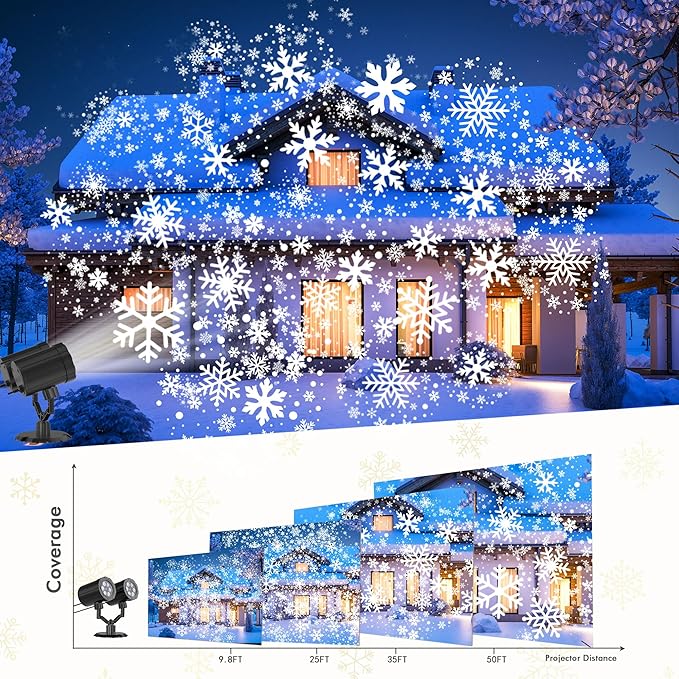 Christmas Projector Lights Outdoor, GUSODOR Upgraded IP65 Waterproof Dynamic Double Head Snowflake Projector, Projection Lights for Indoor Outdoor Christmas Decorations, Holiday, Yard Decor-Large
