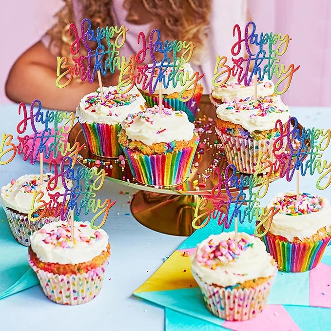 24 PCS Glitter Cupcake Toppers - Happy Birthday & Anniversary Picks for Celebrating Parties - Colorful