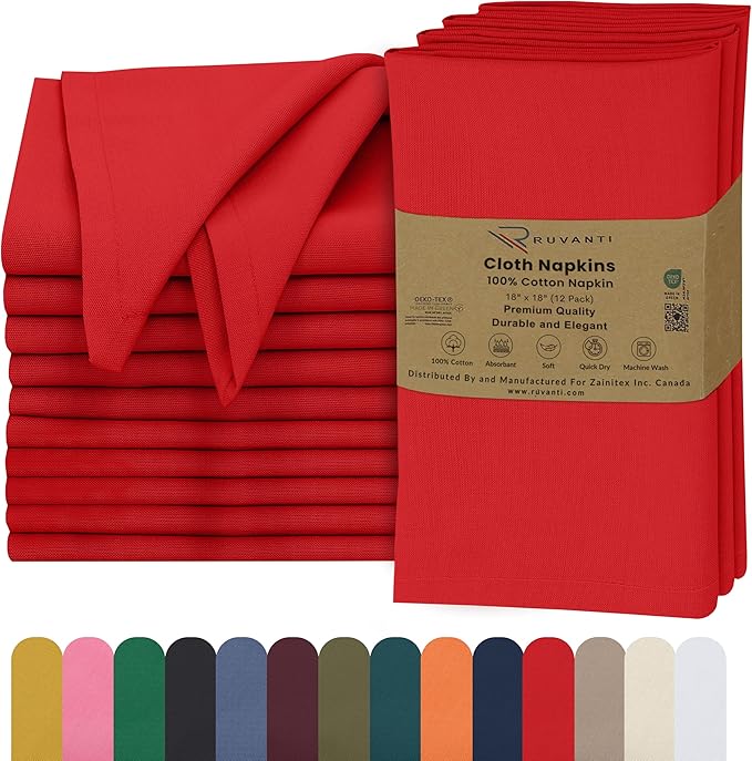 Ruvanti Cloth Napkins Set of 12, 18x18 Inches, 100% Cotton, Washable, Soft & Absorbent, Perfect for Wedding, Christmas, ‎Thanksgiving Dinners - Flame Scarlet