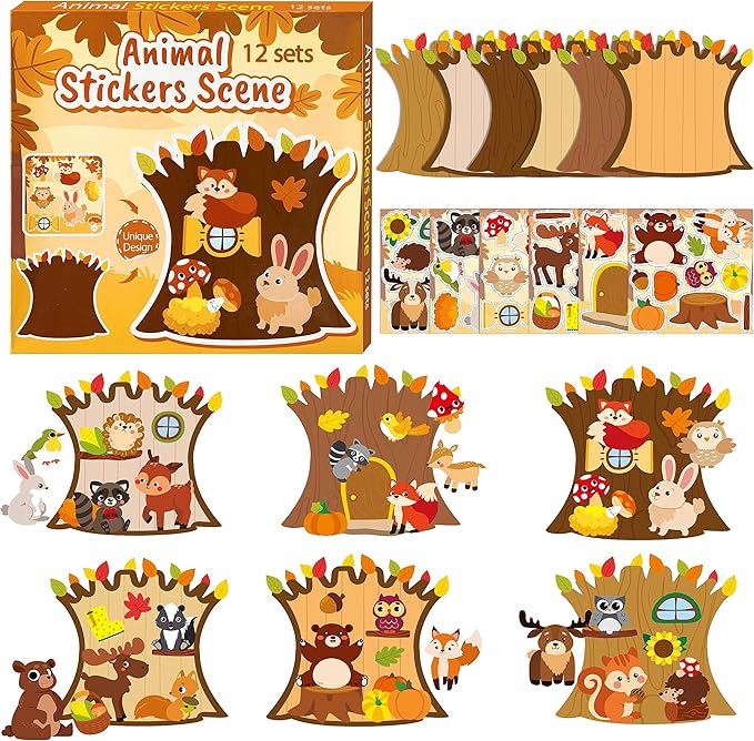 CY2SIDE 12 Sets Fall Woodland Animal Scene Sticker Art Craft for Kids, Make A Fall Woodland Scene with Fox Pumpkin Sticker, DIY Autumn Party Games for School Classroom Activities
