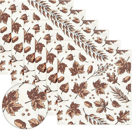 PurpleEssences Fall Harvest Thanksgiving Napkins 18x18 Inch,Set of 6-100% Cotton Autumn Leaves Print - Reusable, Washable Dinner Napkins for Home, Kitchen & Parties - Fall Dream