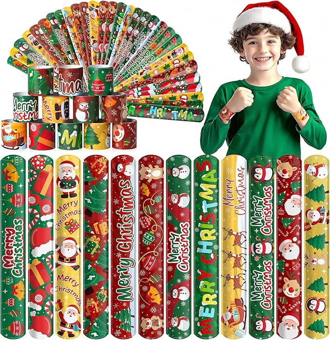 Childom 36 Pcs Christmas Slap Bracelet,Xmas Bracelet Gifts,Christmas Decorations,Birthday Goodie Bag Stuffers for Party Favors,Bracelets Bulk for Birthday Holiday School Classroom Prizes Outdoor