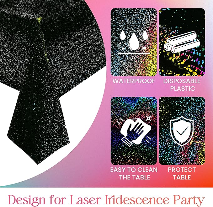 1 Pcs Black Holographic Laser Tablecloth Galaxy Space Table Cloth 40 * 108 Inch Shimmer Star TableCover for Halloween Birthday Graduation Neon Party Supplies Disposable Plastic Foil Table Decor