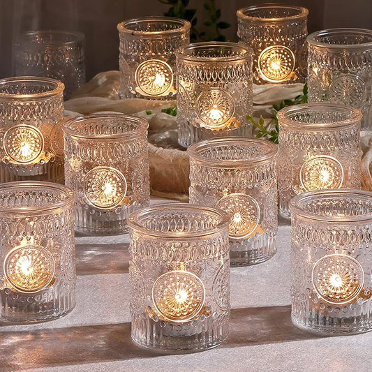 DEVI 24pcs Clear Glass Votive Candle Holders, Vintage Candle Holder for Votives&Tea Lights&Floating Candles, Wedding Decorations for Receptions, Valentine Wedding Centerpieces Table Decoration