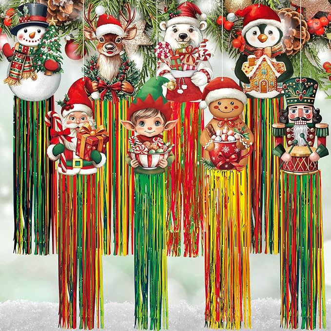 8pcs Christmas Windsocks Outdoor Hanging Decorations with Tassels Classic Christmas Yard Decorantion for Outside 3.3ft Xmas Signs for Wall Tree Home Lawn Yard Party Supplies Garden Decor