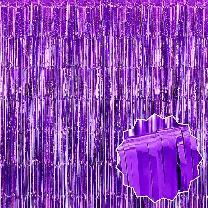 3 Pack Purple Foil Fringe Curtains Backdrop, 3.28 x 6.6 Ft Metallic Streamers Tinsel Curtains Background for Photo Booth, Birthday, Halloween, Christmas, Thanksgiving, New Year Party Decorations