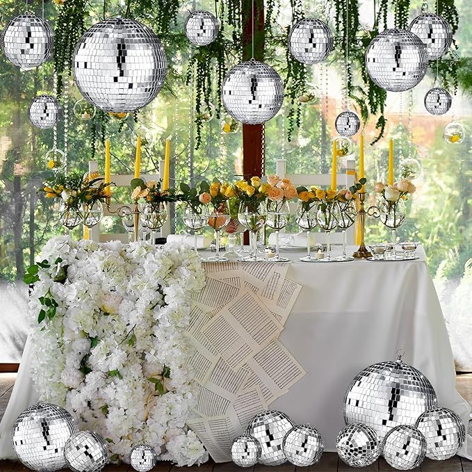 Hoolerry 200 Pcs Mini Mirror Disco Ball Ornaments Mardi Gras Small Silver Hanging Decorations Reflective Tiny Balls Bulk for 70s 80s 90s Disco Party, Christmas Tree(6'', 4'', 3'', 2.4'', 1.6'', 0.8'')