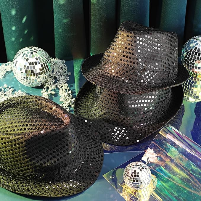Panitay Black Sequin Hats for Women Men Bulk Western Glitter Hat Shining Cap Cowboy Disco Cap Costume Headwear