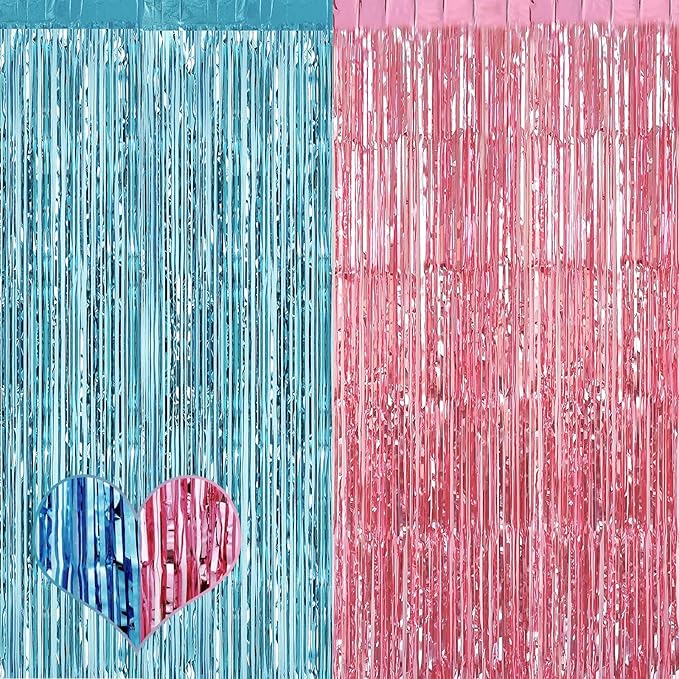 4 Pack 3.2Ft x 9.8Ft Pink Blue Fringe Curtain Backdrop, Metallic Tinsel Foil Fringe Streamers Curtains Background for Photo Booth Wedding Gender Reveal Backdrop Boy or Girl Birthday Party Decoration