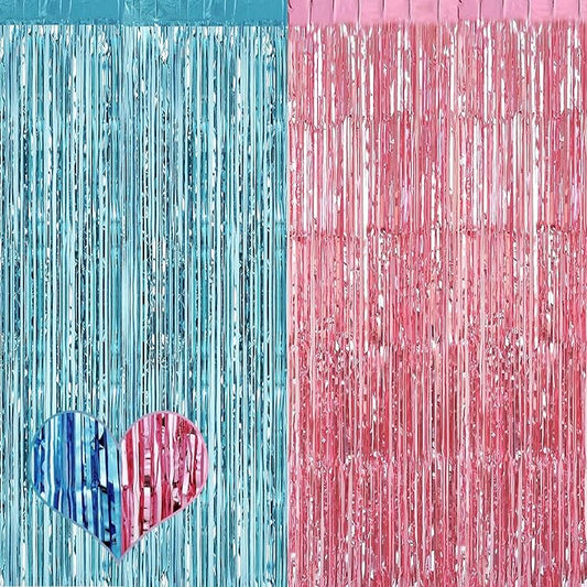 4 Pack 3.2Ft x 9.8Ft Pink Blue Fringe Curtain Backdrop, Metallic Tinsel Foil Fringe Streamers Curtains Background for Photo Booth Wedding Gender Reveal Backdrop Boy or Girl Birthday Party Decoration