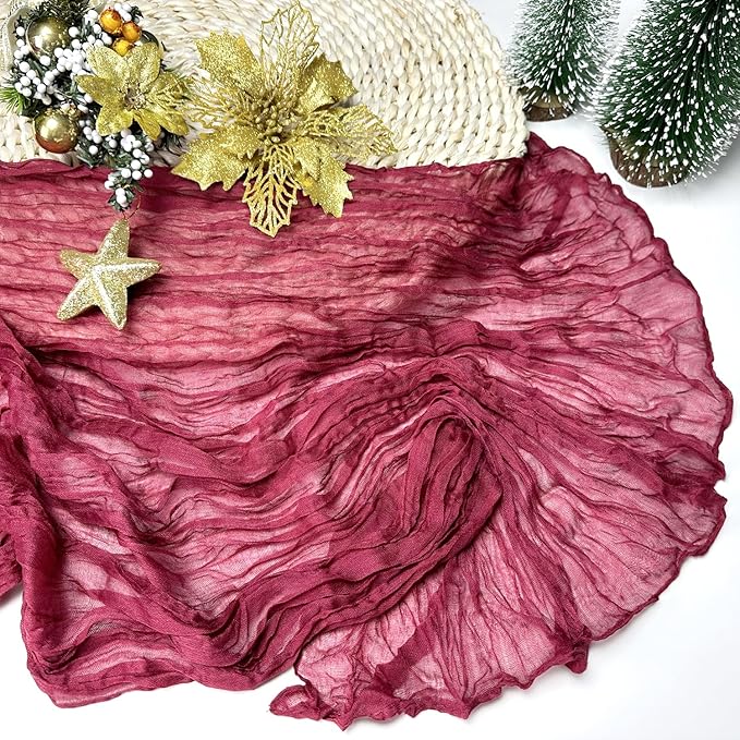 Booque Valley Christmas Table Runner 3 Pack Burgundy Cheesecloth 10ft Soft Boho Wrinkled Decorative Gauze Sheer for Holiday Party Baptism Wedding Centerpiece Table Decor, 35x120 Inch
