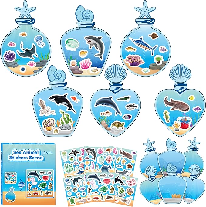 CY2SIDE Sea Animal Scene Stickers - 12PCS Under The Sea Scene Stickers Art Craft for Kids Make Your Own Ocean Animal Sticker DIY Summer Party Games for Classroom Activities for Classroom Reward