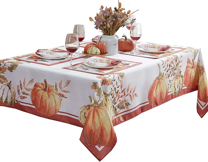 Home Bargains Plus Thanksgiving Contemporary Orange Pumpkin Tablecloth, 60 x 120 Inch Rectangle, Fall Harvest Easy Care Fabric Table Cover