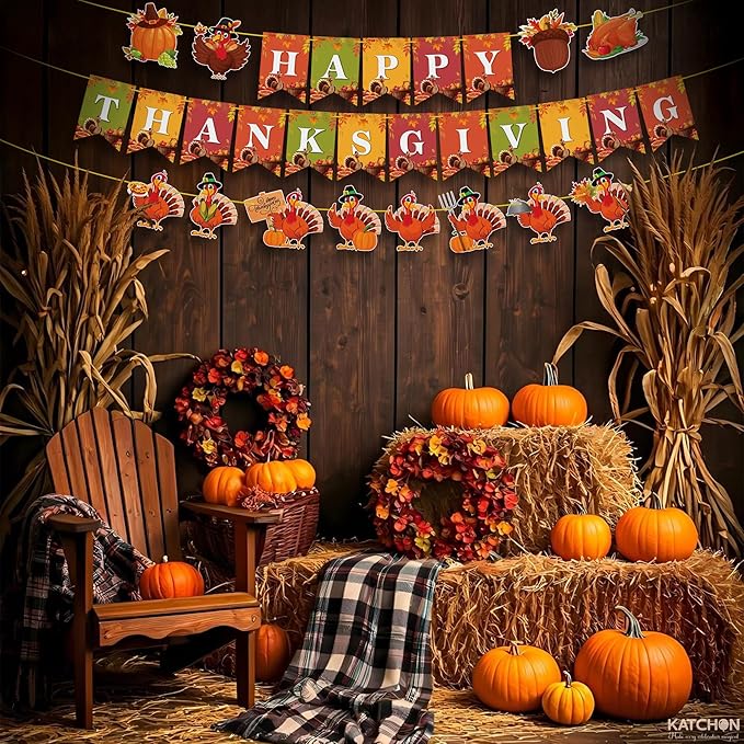KatchOn, Happy Thanksgiving Banner - 10 Feet, No DIY | Pumpkin Turkey Decorations, Thanksgiving Decorations Indoor, Outdoor, Home | For Fall Decor, Harvest Decoration, Party Supplies
