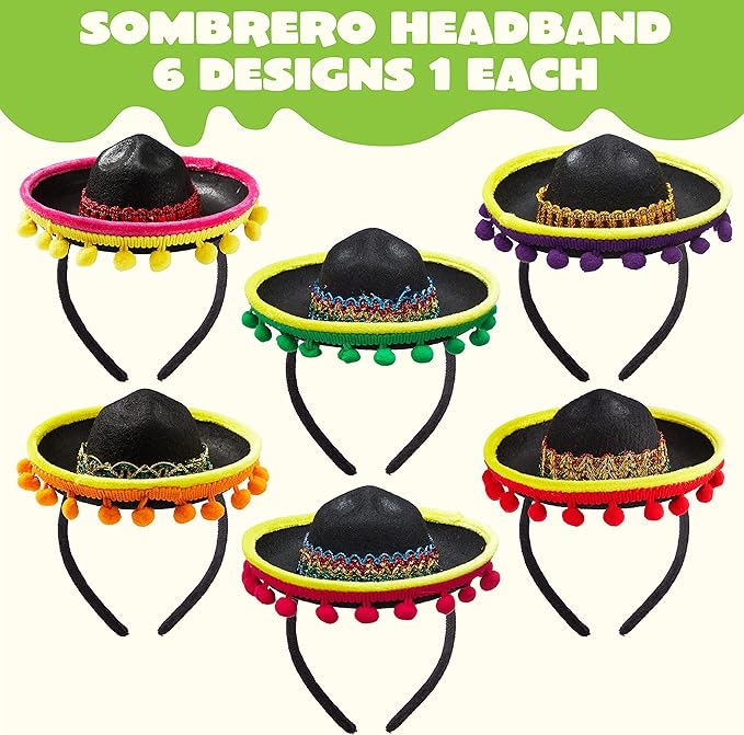 JOYIN 6 PCS Cinco De Mayo Fiesta Fabric Sombrero Headbands Party Costume for Fun Fiesta Hat Party Supplies, Luau Event Photo Props, Mexican Theme Decorations and Party Favors