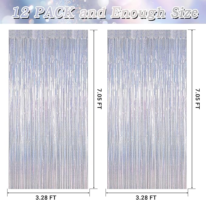 12 Pack Fringe Backdrop, 3.28 FT x 7.08 FT Glitter Silver Tinsel Curtain, Metallic Foil Curtains Party Streamer Disco Backdrop, Silver Party Decorations for Bachelorette Birthday Holiday