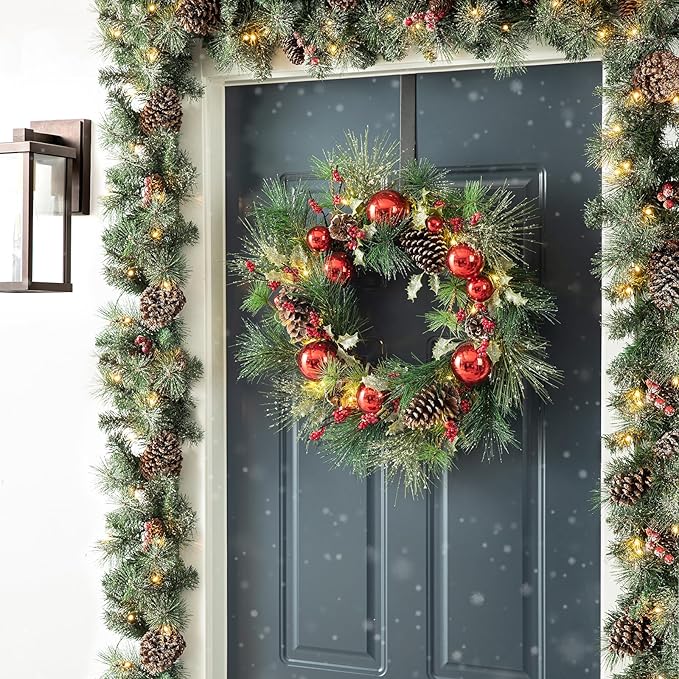 Glitzhome 2PK 6ft Christmas Garlands with Lights, Glittered Pinecones and Berries Greenery Christmas Garlands with 50 Warm White Lights and Timer for Christmas Holiday Party Hanging Decorations