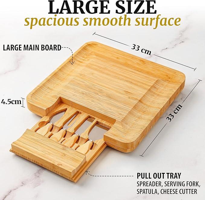 Zulay Kitchen Premium Bamboo Cheese Board Set - Extra Thick Bamboo Charcuterie Board Set with 4 Piece Knife Set - Wooden Cheese Board, Perfect for Charcuterie, Wine & Cheese - Charcuterie Gift Set