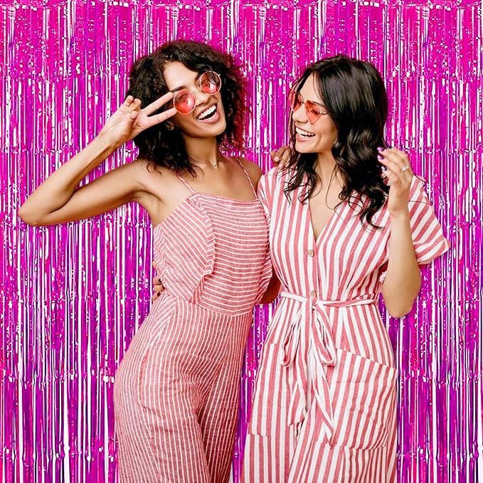 3 Pack Fuchsia Foil Fringe Curtains Backdrop, 3.28 x 8.2 Ft Metallic Streamers Tinsel Curtains Background for Photo Booth, Birthday, Halloween, Christmas, Thanksgiving, New Year Party Decorations