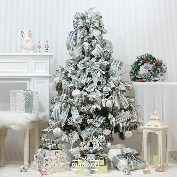 Dusty Blue Velvet Wired Ribbon with Champagne Glitter Stripe 2.5 Inch Crushed Velvet Christmas Ribbon, 10 Yards for Gift Wrapping, Crafts, Christmas Tree Decorations, Wreaths, Garlands