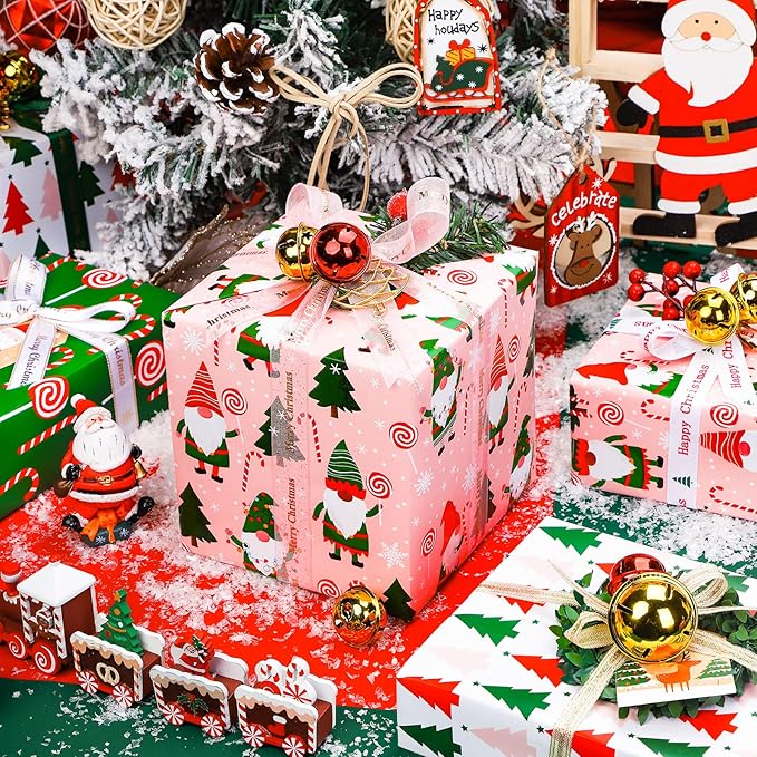 WRAPAHOLIC Christmas Wrapping Paper Set - Christmas Gnome Elf Holiday Collection Wrapping Paper Bundle with Gift Bow & Ribbon & Tag & Sticker