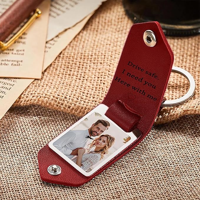 Personalized Photo/Text Leather Keychain for Men Womens Custom Picture Key Chains Memorial Gifts for Family Lover