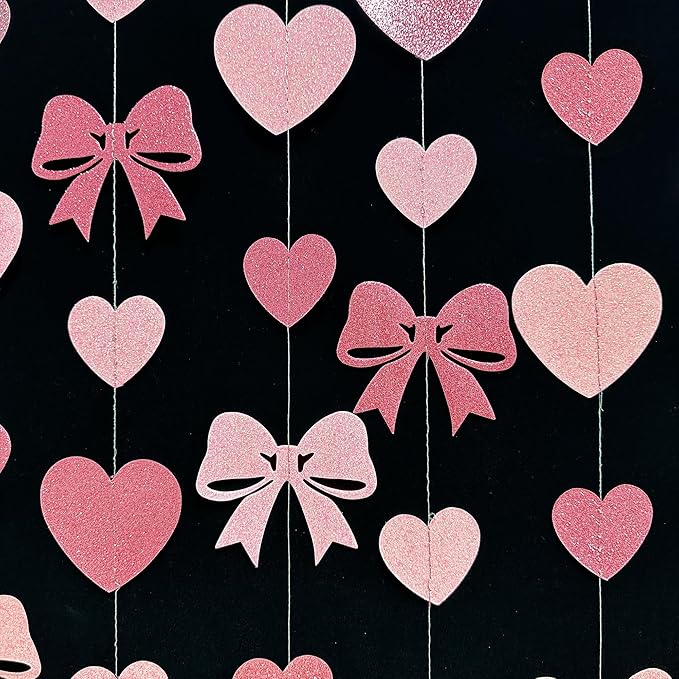 Pink Bow Decorations Pink Glitter Paper Heart Bow Hanging Garland Streamer for Coquette Birthday Valentines Bachelorette Anniversary Wedding Bridal Shower Baby Shower Hen Party Decorations Supplies