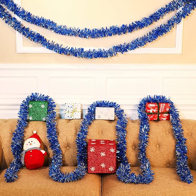 Dilunave 40 Feet Christmas Tinsel Garland Metallic Foil Twist Tinsel Garland Decoration for Christmas Tree, Wedding, Birthday and Party Hanging Decorations(Silver, Light Blue)