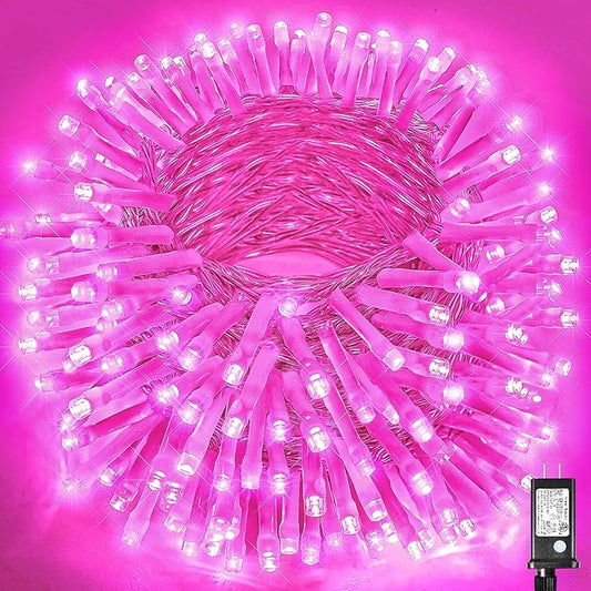 100ft Pink Christmas Lights Outdoor 300 LED Pink String Lights 8 Modes Clear Wire, Plug in Waterproof Twinkle Fairy Lights for Bedroom Indoor Wedding Christmas Party Decorations