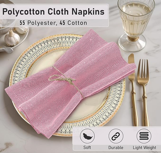 Ruvanti Cloth Napkins Set of 12, 18x18 Reusable Napkins Cloth Washable, Soft & Durable Table Napkin, Poly Cotton Fabric Dinner Napkins for Parties, Christmas, Thanksgiving, Weddings - Bubblegum