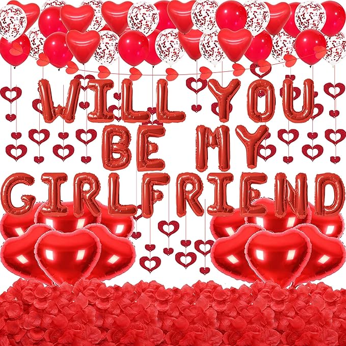 Valentine's Day Decorations Red Will You Be My Girlfriend Balloons - 2000pcs Red Artificial Rose Petals 16" Letter Balloons 18" Foil Latex balloon 20 heart balloon Hanging Swirls Heart Banner