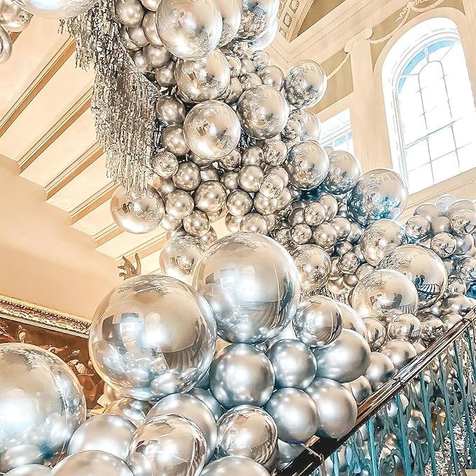 PartyWoo Metallic Silver Balloons 100 pcs Different Sizes Pack of 36 18 12 10 5 Inch Chrome Silver Balloon Arch Kit Garland for Graduation New Year Wedding Birthday Party Decorations Silver-G102
