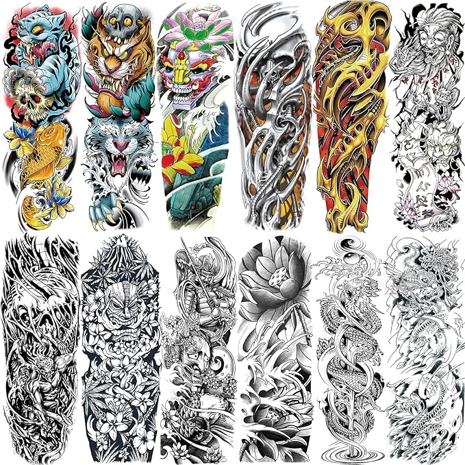 12 Sheets Large Full Arm Temporary Tattoos Adults, Waterproof Realistic Flower Japanese Tiger Samurai Skull Fake Tattoos, Fish Dragon Lotus Tattoo Kits Parties Festivals Cosplay BBQ Pool Beach Party